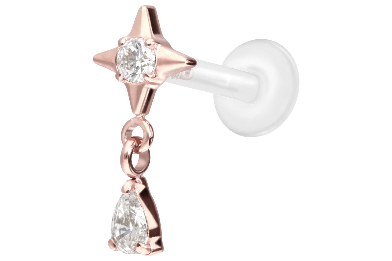 PTFE Labret Piercing mit Innengewinde + Titan-Aufsatz STERN + KRISTALLTROPFEN